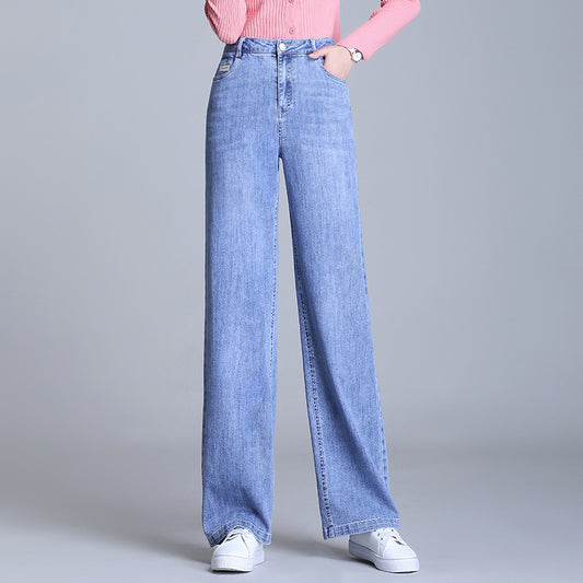 Spring high waist casual denim trousers straight blue washed cotton light color