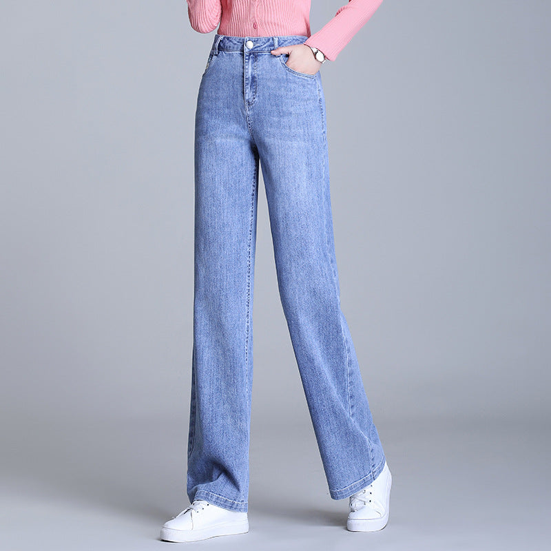 Spring high waist casual denim trousers straight blue washed cotton light color