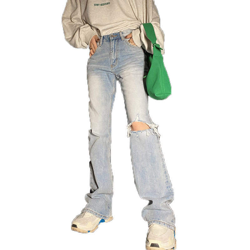 Højtaljede slankende denim-jeans med huller, koreansk stil, løse, lige ben, wide-leg jeans til kvinder