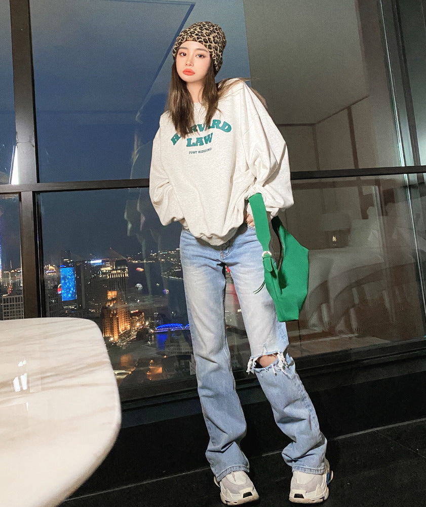 Højtaljede slankende denim-jeans med huller, koreansk stil, løse, lige ben, wide-leg jeans til kvinder