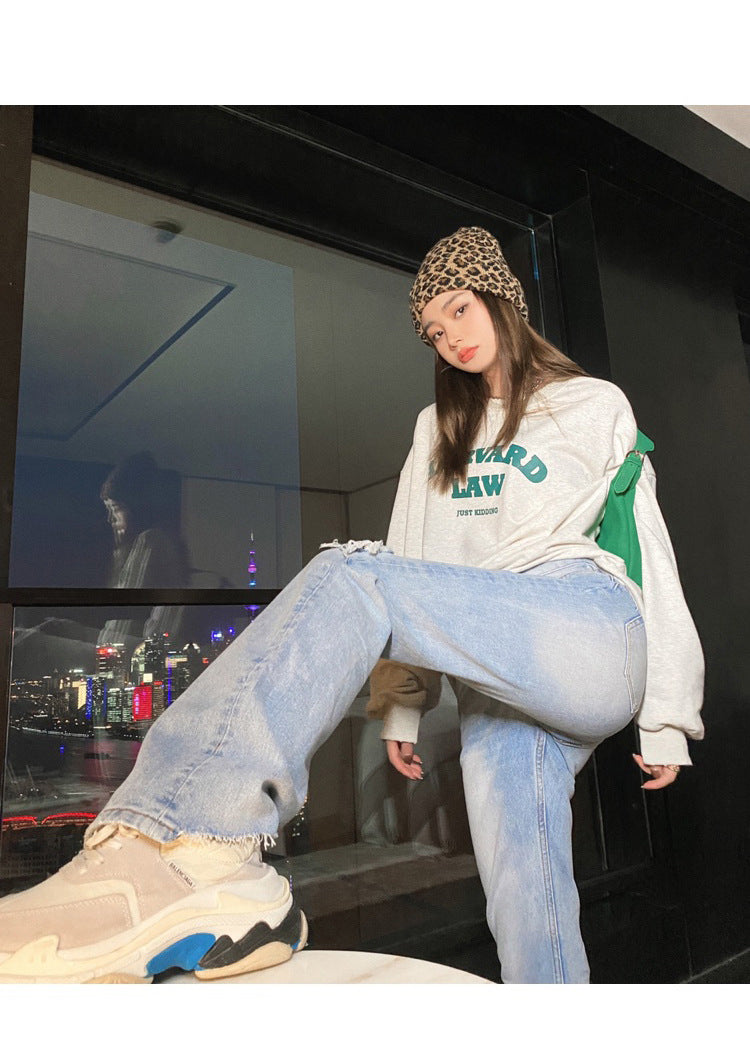 Højtaljede slankende denim-jeans med huller, koreansk stil, løse, lige ben, wide-leg jeans til kvinder
