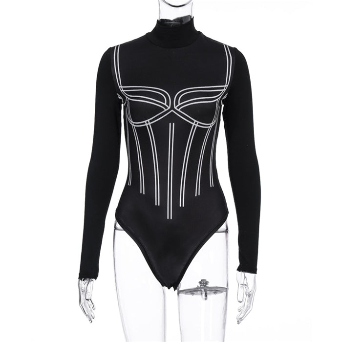 Kvinder Stribet Bodysuit Sort Sexet Jumpsuit Langærmet Midt-talje Tøj Afslappet