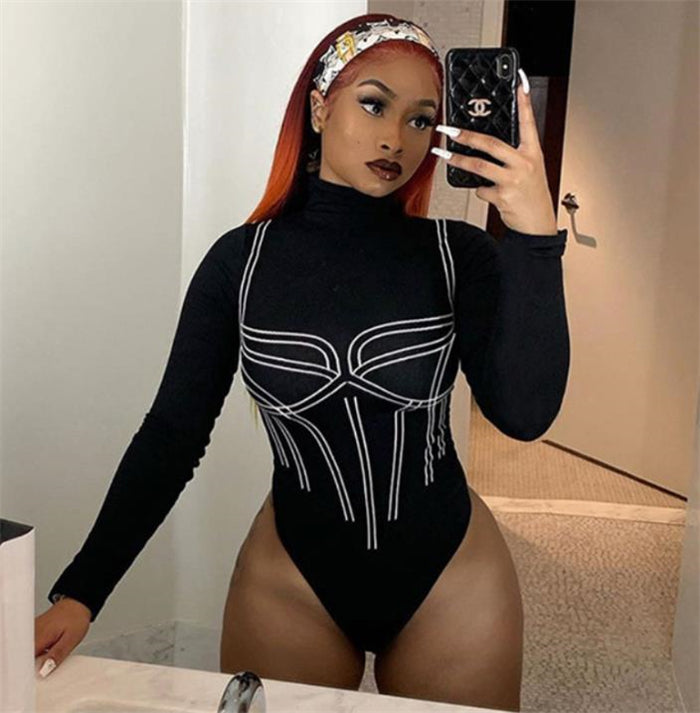 Kvinder Stribet Bodysuit Sort Sexet Jumpsuit Langærmet Midt-talje Tøj Afslappet
