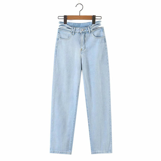 Korean Women's Hollow-waist Jeans Women's Casual Loose Straight Wide-leg Trousers Mopping Pants
