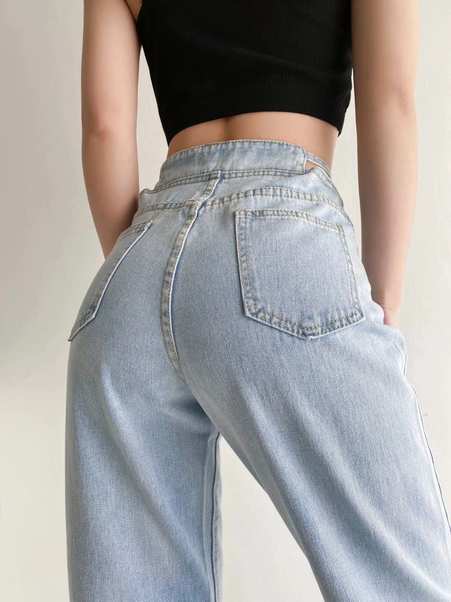 Korean Women's Hollow-waist Jeans Women's Casual Loose Straight Wide-leg Trousers Mopping Pants