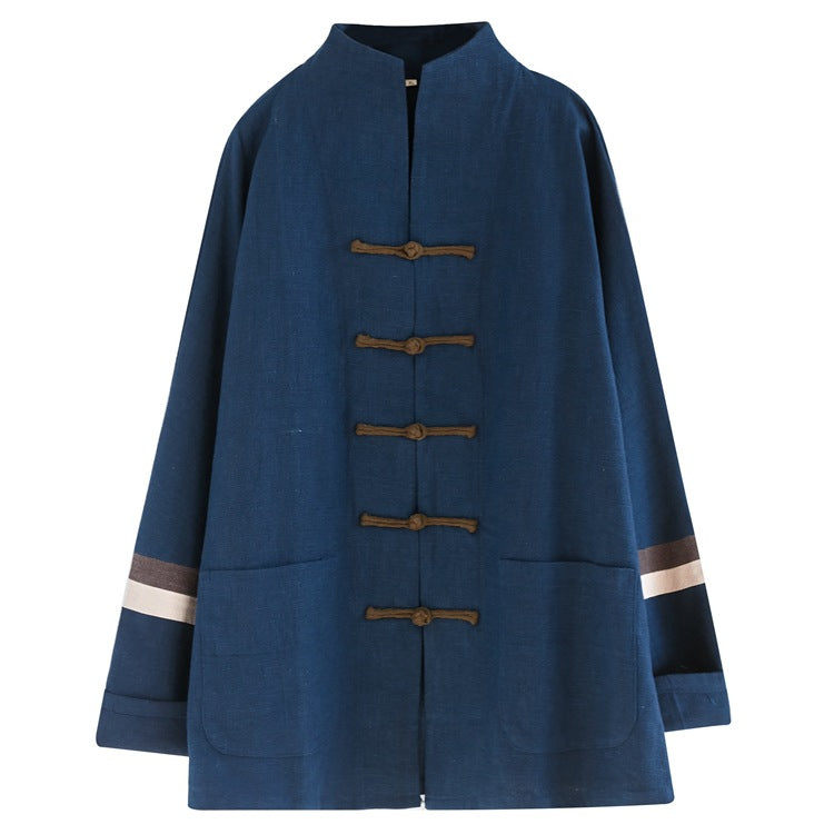 Contrasting Color Stitching Linen Plate Buckle Tang Suit