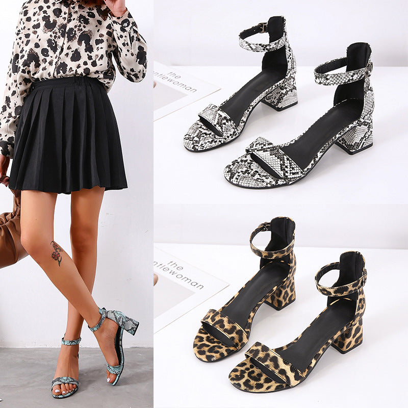 Women's Shoes Thick Heel Open Toe Leopard Print One Word Buckle Female Sandals