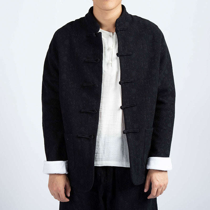 Men's Chinese Style Cotton and Linen Jacquard Plus vVlvet Thick Tang Suit Jacket