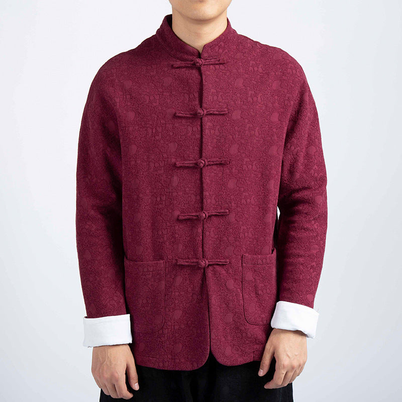 Men's Chinese Style Cotton and Linen Jacquard Plus vVlvet Thick Tang Suit Jacket