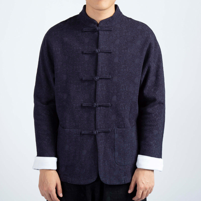 Men's Chinese Style Cotton and Linen Jacquard Plus vVlvet Thick Tang Suit Jacket