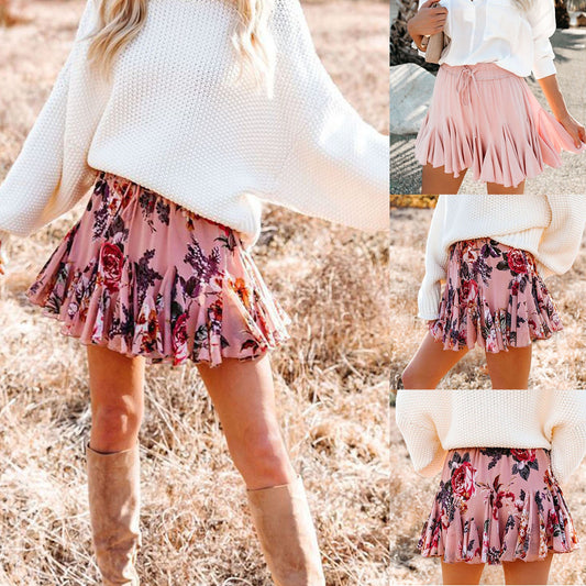 Women Skirt Fashion Prints Floral Elegant Ruffled Chiffon Sk