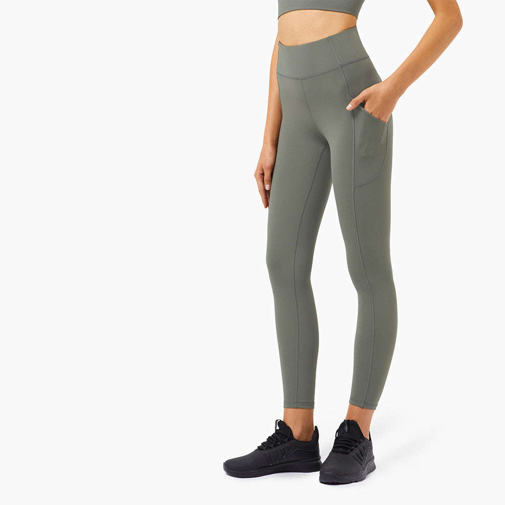 New Cross-Border Side Pockets Running Trousers, High Waist, Abdomen And Hips,  Fitness Pants, Skinny Sports, Nine-Point Trousers
