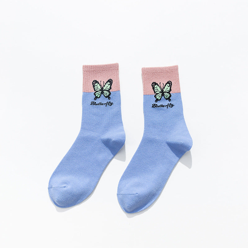 Butterfly Color Matching Socks, Tube Socks, Autumn And Winter Cotton Socks, Korean Style Socks, Student Stockings