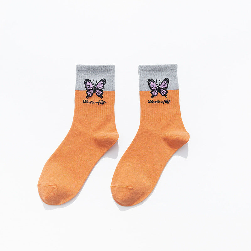 Butterfly Color Matching Socks, Tube Socks, Autumn And Winter Cotton Socks, Korean Style Socks, Student Stockings