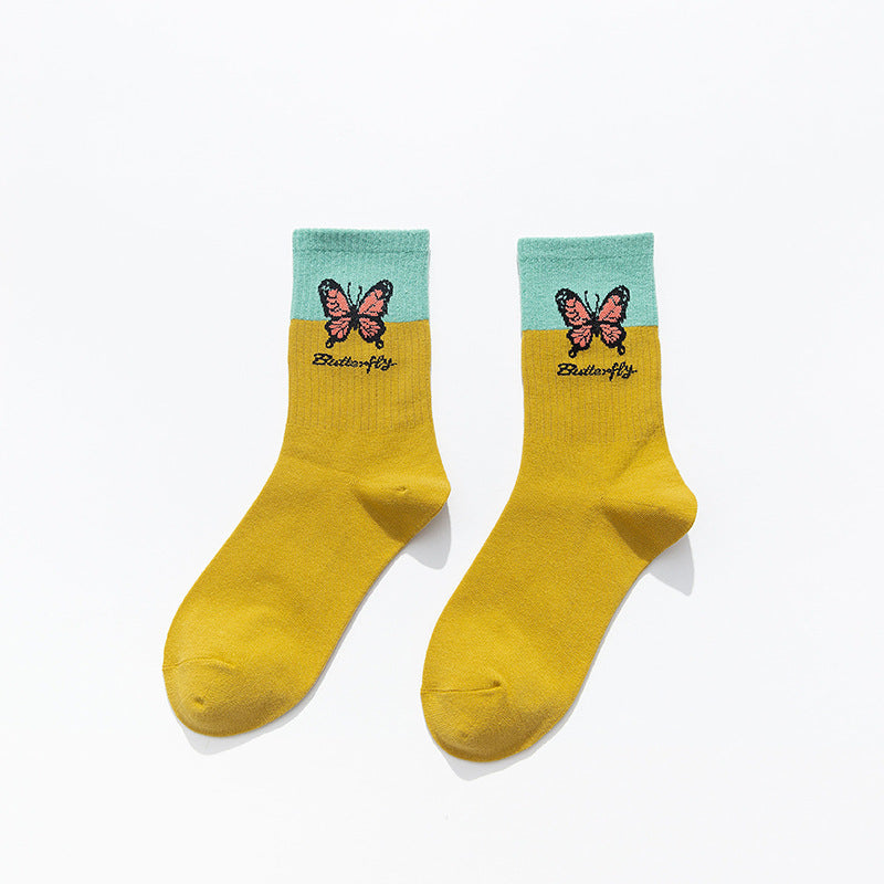 Butterfly Color Matching Socks, Tube Socks, Autumn And Winter Cotton Socks, Korean Style Socks, Student Stockings