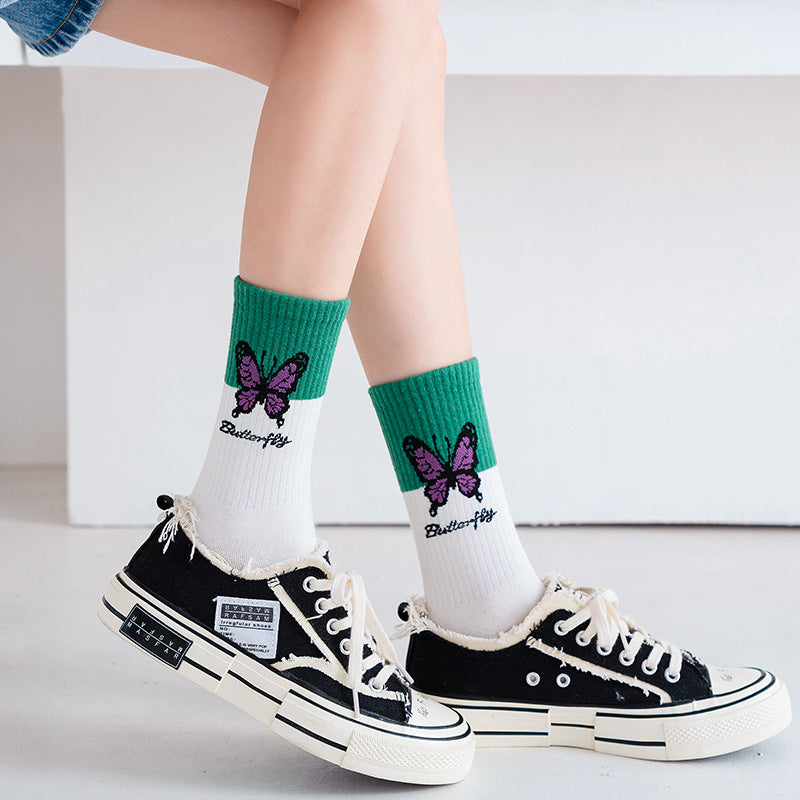 Butterfly Color Matching Socks, Tube Socks, Autumn And Winter Cotton Socks, Korean Style Socks, Student Stockings