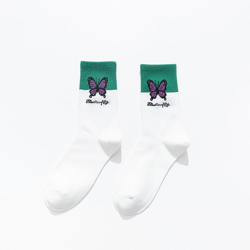 Butterfly Color Matching Socks, Tube Socks, Autumn And Winter Cotton Socks, Korean Style Socks, Student Stockings