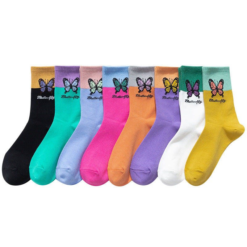 Butterfly Color Matching Socks, Tube Socks, Autumn And Winter Cotton Socks, Korean Style Socks, Student Stockings