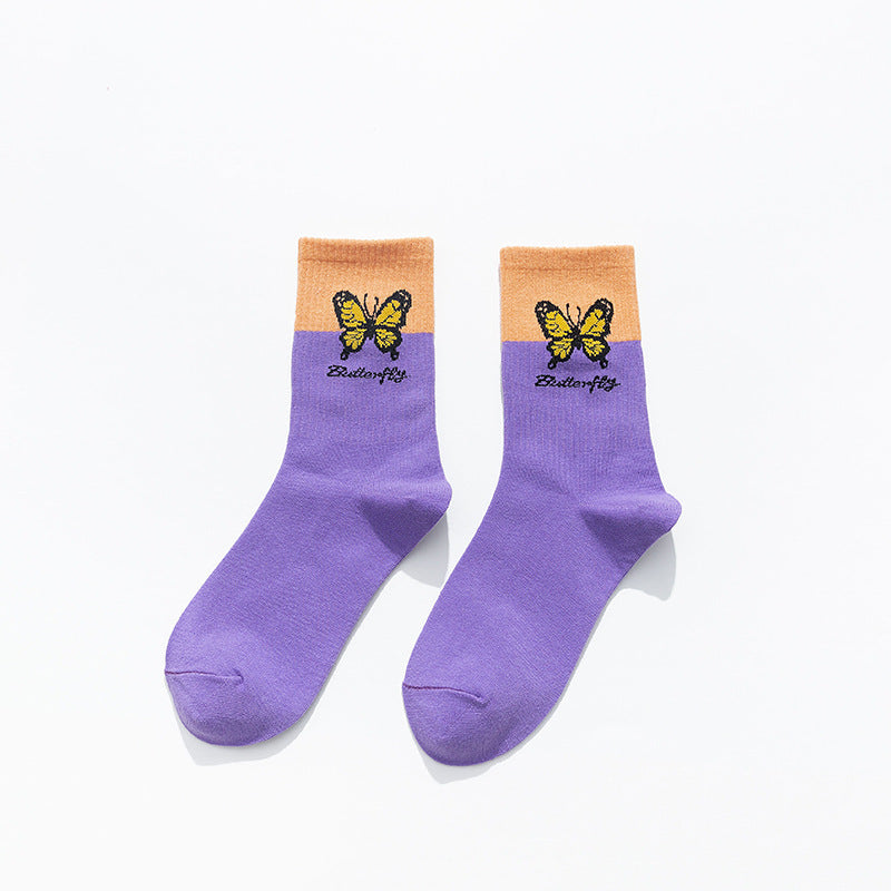 Butterfly Color Matching Socks, Tube Socks, Autumn And Winter Cotton Socks, Korean Style Socks, Student Stockings