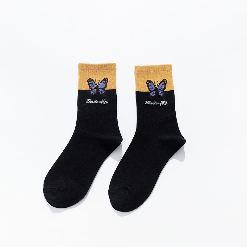 Butterfly Color Matching Socks, Tube Socks, Autumn And Winter Cotton Socks, Korean Style Socks, Student Stockings