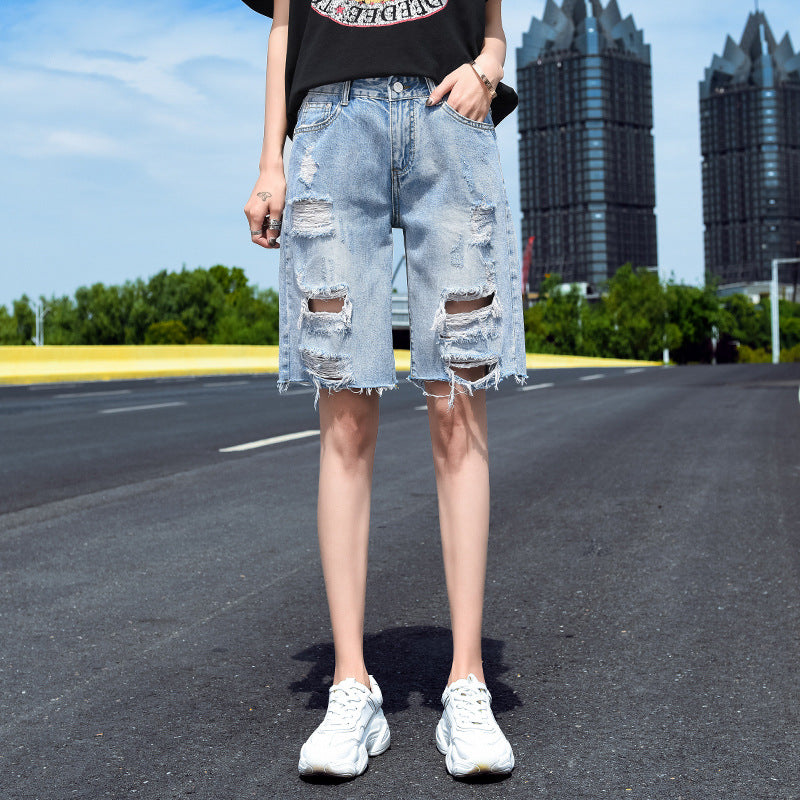 Thin Korean Style Ripped Wide-leg Five-point Pants