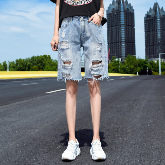 Thin Korean Style Ripped Wide-leg Five-point Pants