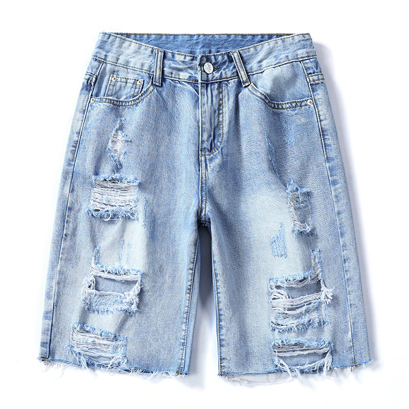 Thin Korean Style Ripped Wide-leg Five-point Pants