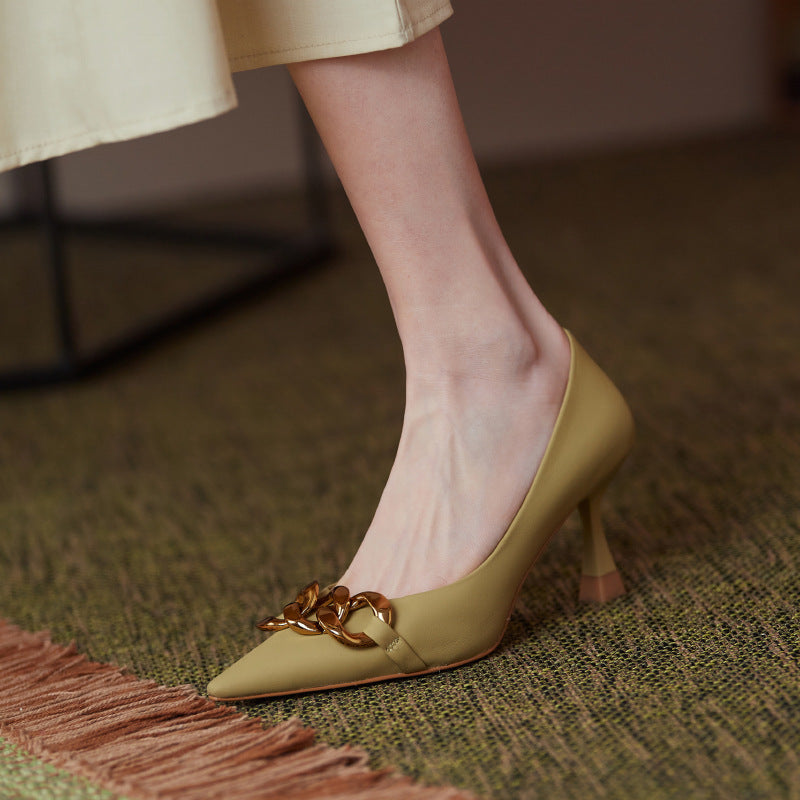 Textured Matte Sheepskin High Heels Spring New Ins Metal ChainShallow Mouth Stiletto Single Shoes Korean Style Pointed Shoes