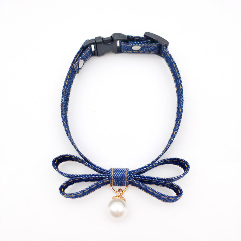 Adjust Denim Color Cat And Dog Collar Pearl Bell