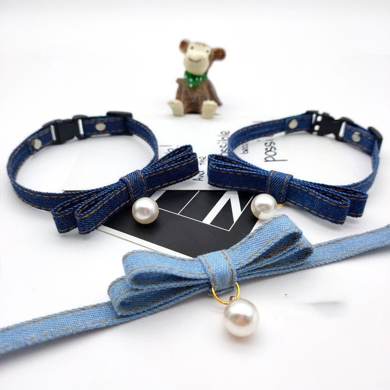 Adjust Denim Color Cat And Dog Collar Pearl Bell