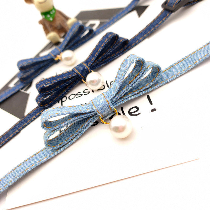 Adjust Denim Color Cat And Dog Collar Pearl Bell