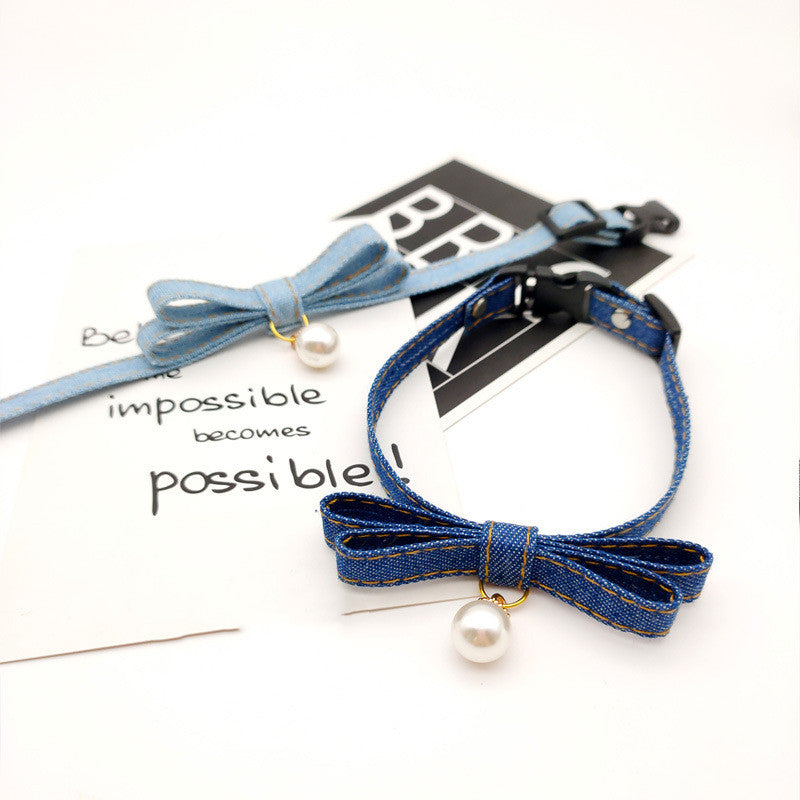 Adjust Denim Color Cat And Dog Collar Pearl Bell
