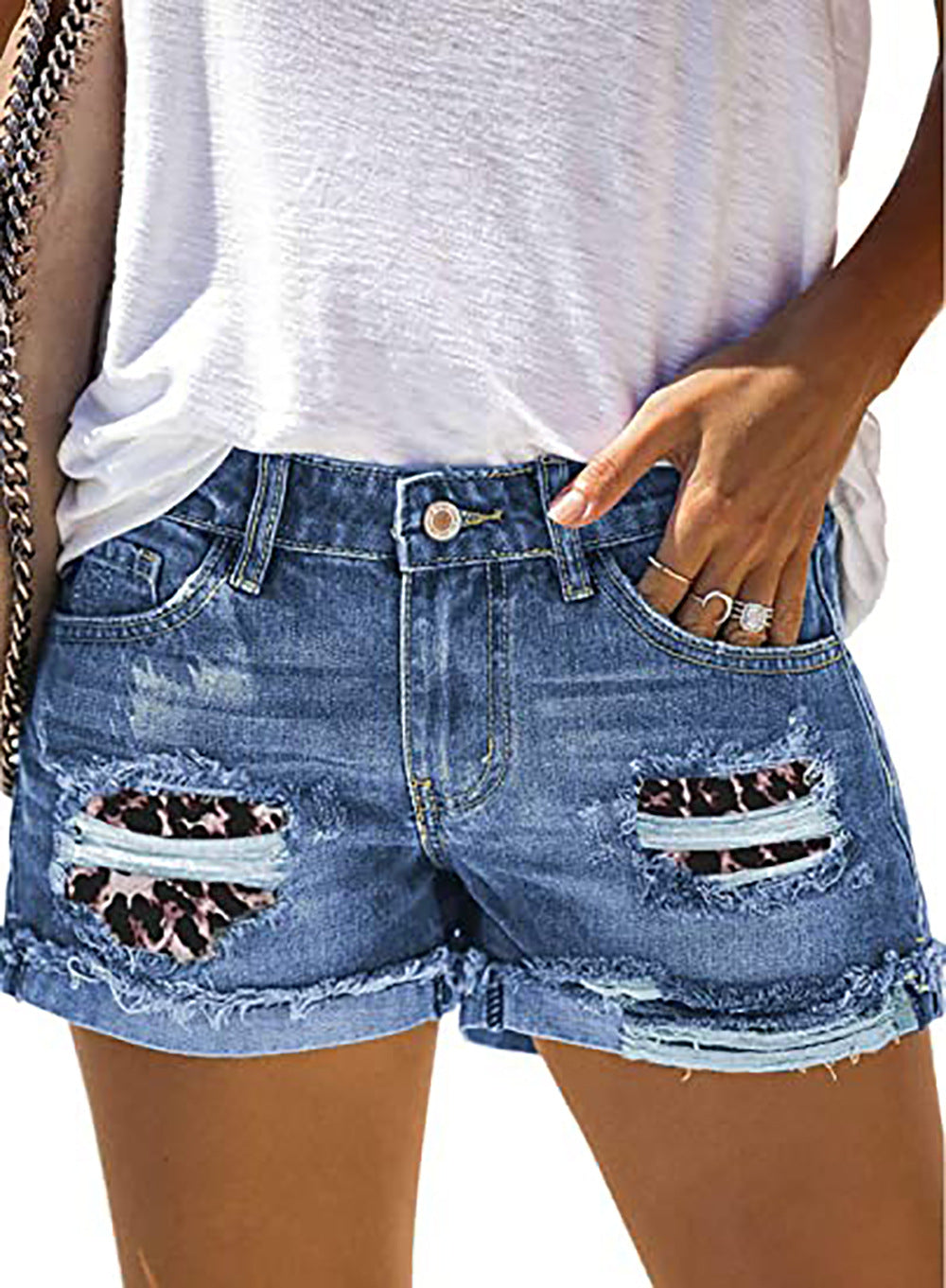 Summer New Style Women's Leopard Print Camouflage Ripped Jeans Shorts