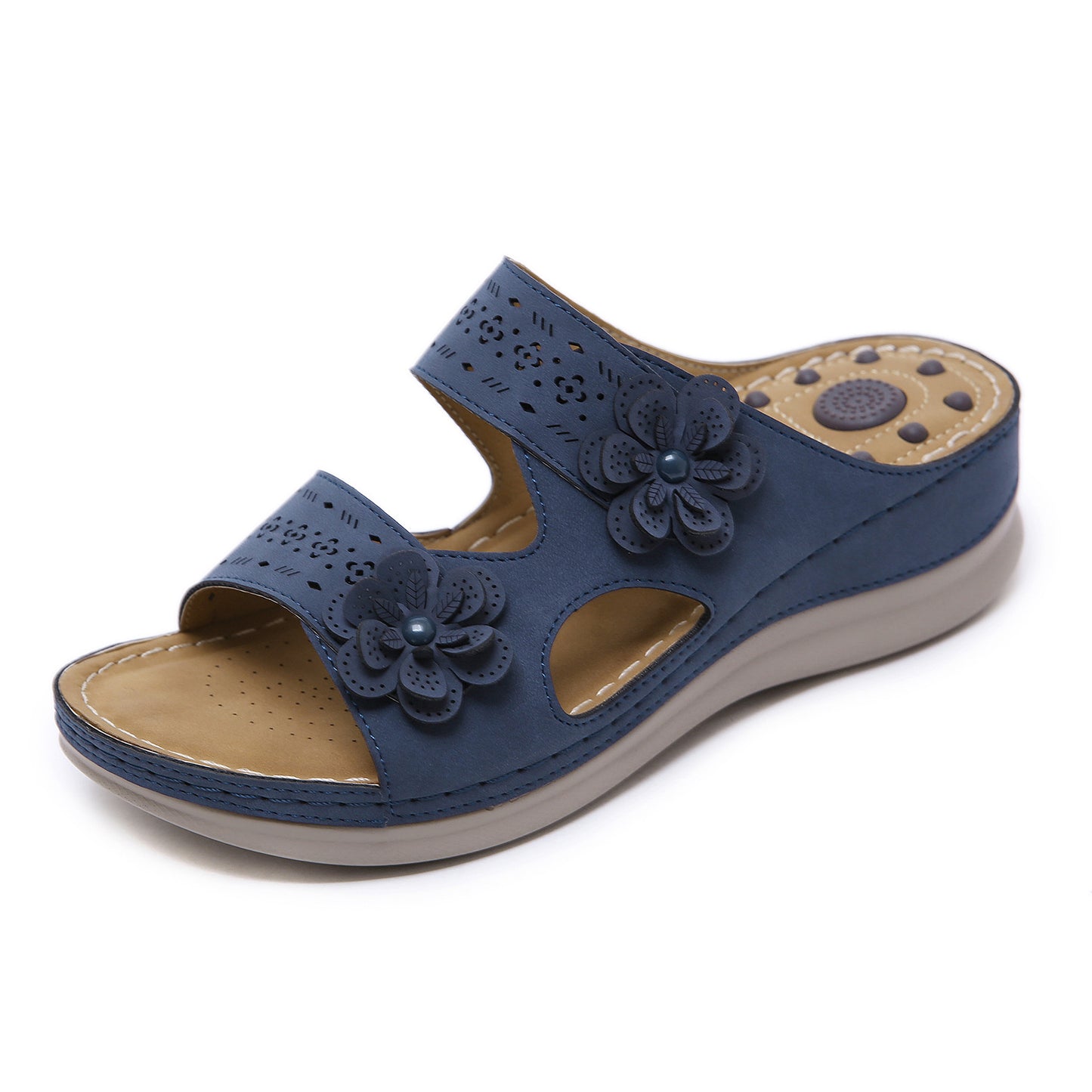 Summer New Sandals Flower Massage Cross-Border Sandals Retro Slope Heel Comfortable Slippers