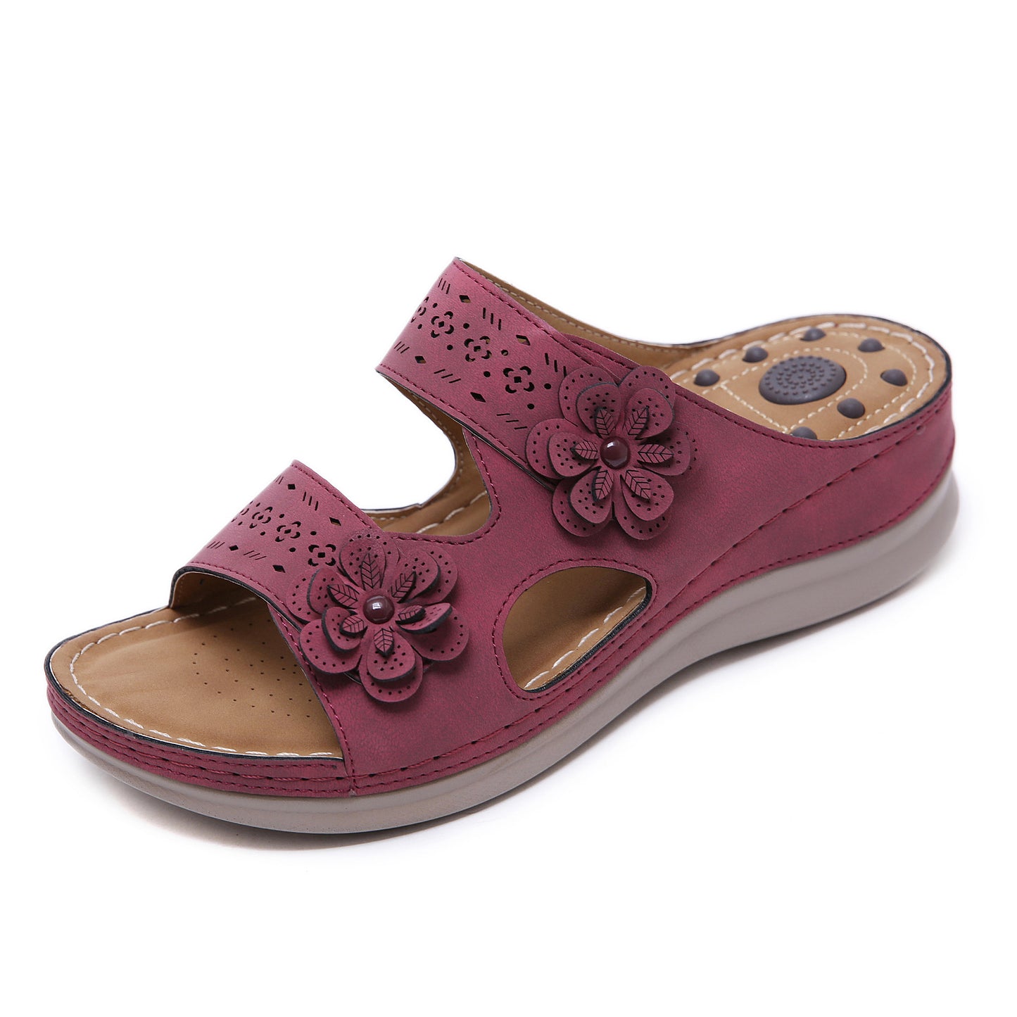 Summer New Sandals Flower Massage Cross-Border Sandals Retro Slope Heel Comfortable Slippers