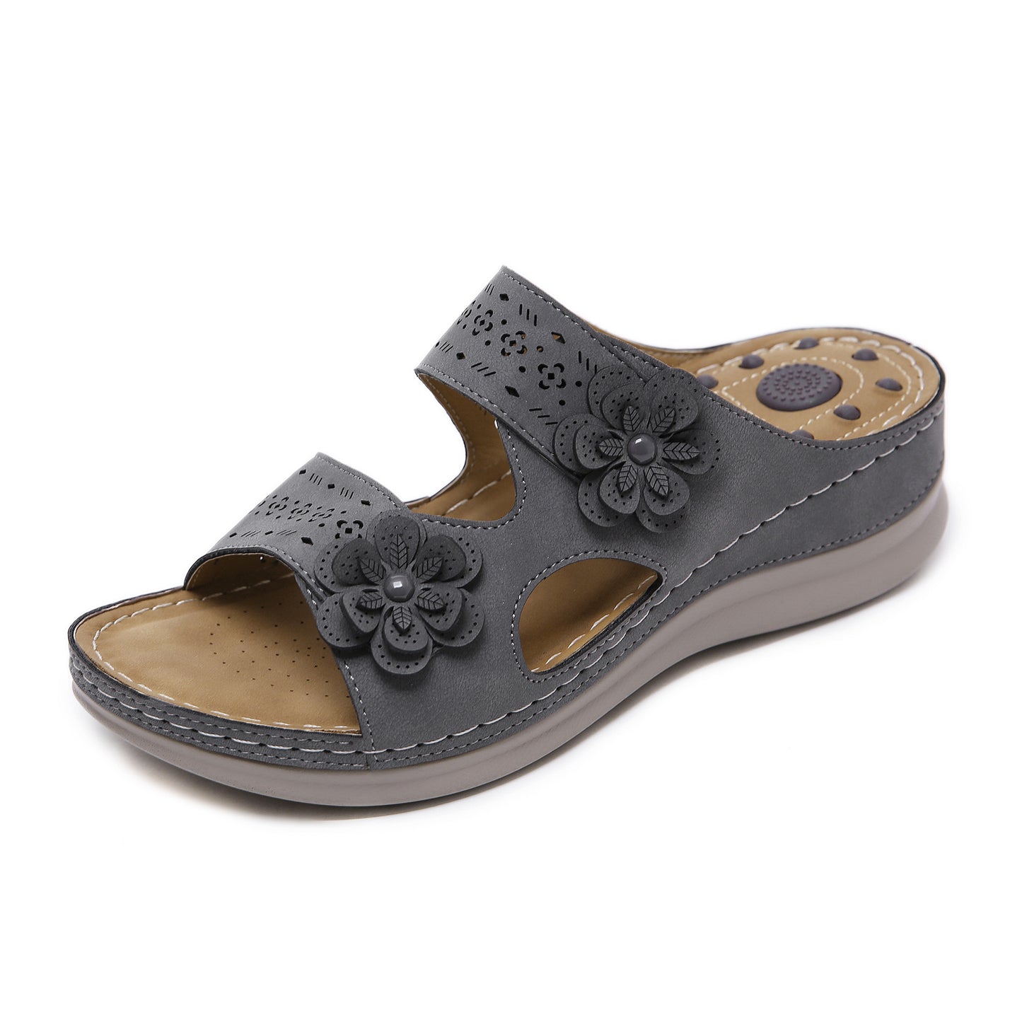Summer New Sandals Flower Massage Cross-Border Sandals Retro Slope Heel Comfortable Slippers