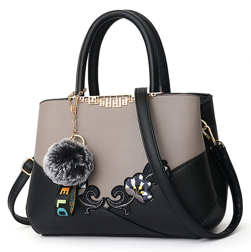 New Fashion Women'S Bag Foreign Trade Handbag Korean Color Contrast Hair Ball