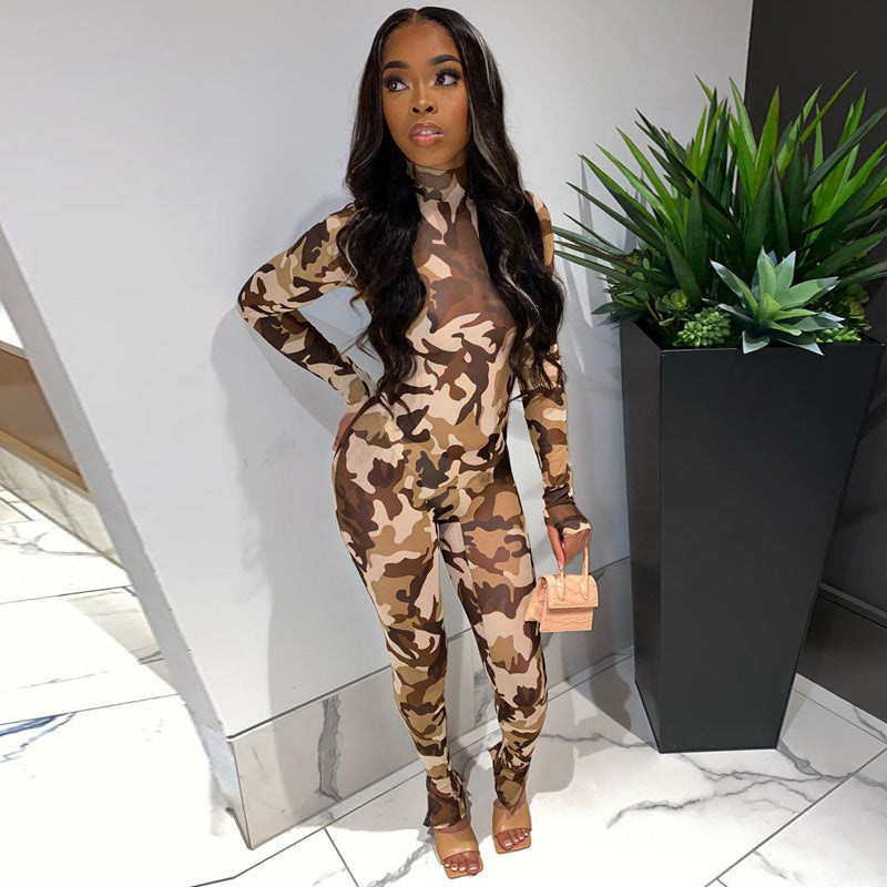 Long Sleeve Yoga Sportswear Camouflage Body Shaping Rompers
