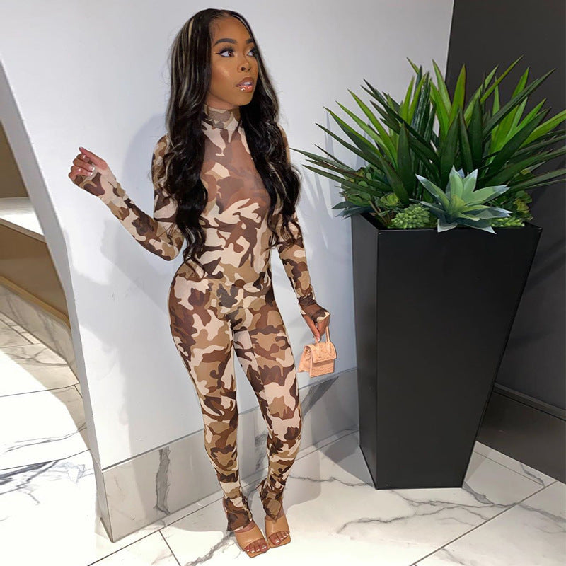 Long Sleeve Yoga Sportswear Camouflage Body Shaping Rompers