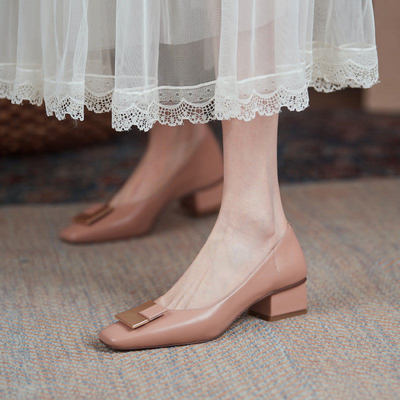 Women's Thick Heel French Retro Shallow Mouth Pink Mid-heel Apricot High Heels