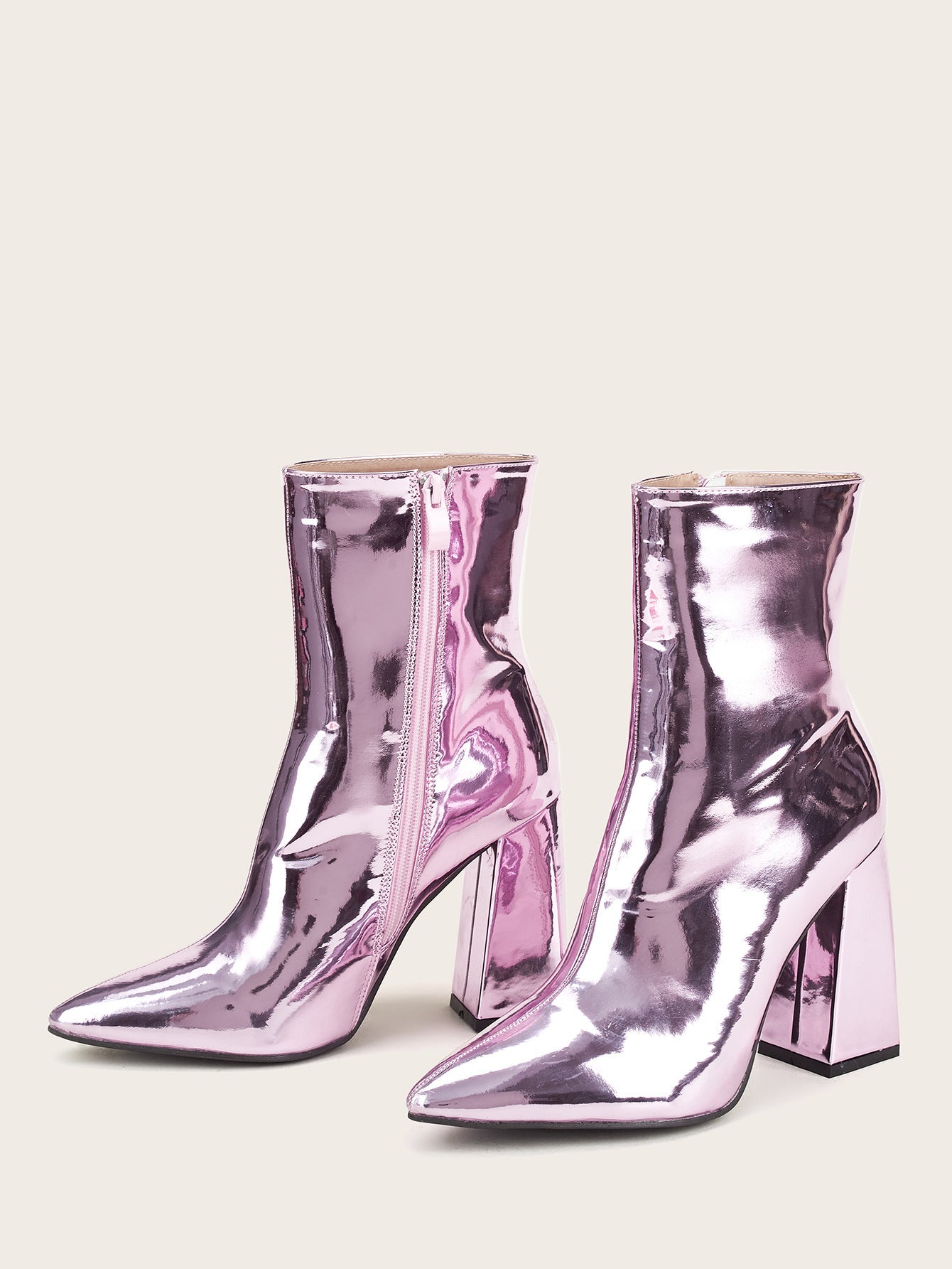 Silver Short Boots Women Autumn And Winter Europe And The United States Pointed Toe Thin Boots Women High-heeled Mid-tube Fashion Patent Leather Thick-heeled Martin Boots