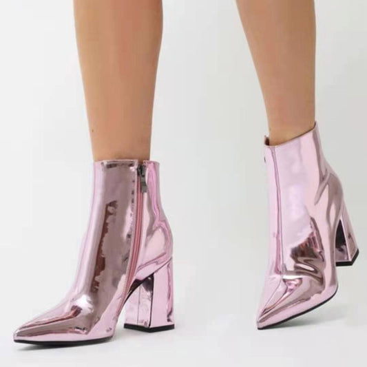 Silver Short Boots Women Autumn And Winter Europe And The United States Pointed Toe Thin Boots Women High-heeled Mid-tube Fashion Patent Leather Thick-heeled Martin Boots