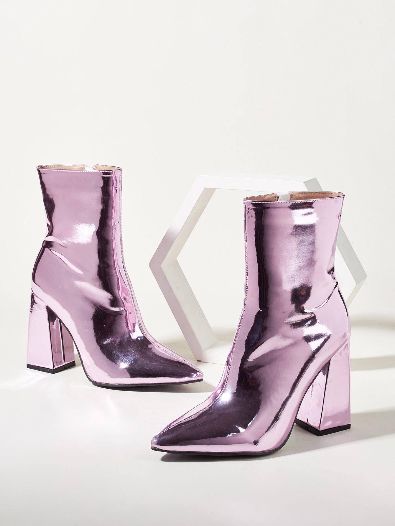 Silver Short Boots Women Autumn And Winter Europe And The United States Pointed Toe Thin Boots Women High-heeled Mid-tube Fashion Patent Leather Thick-heeled Martin Boots