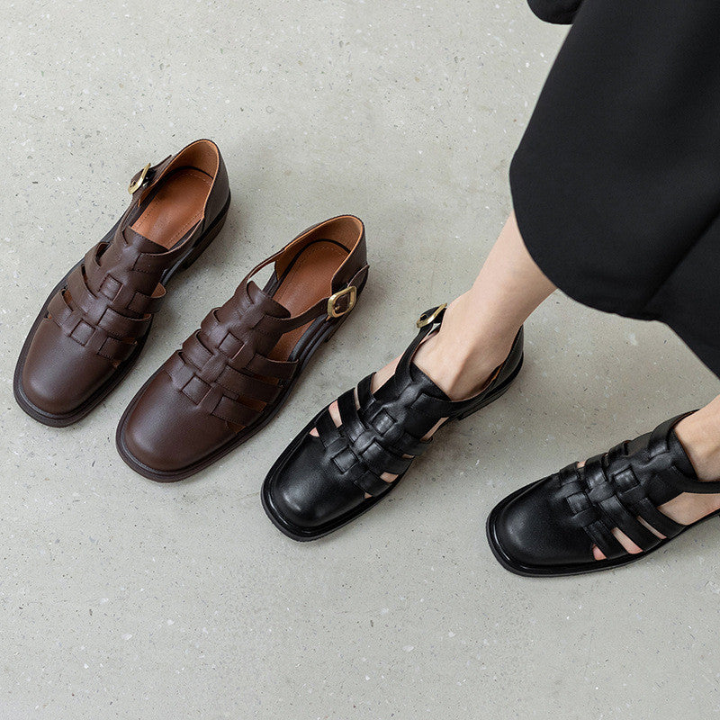 Women's Baotou Hollow Single Shoes Rome Mary Jane Flat Bottom