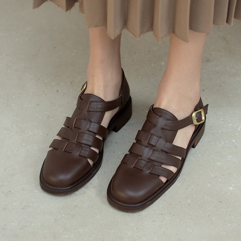 Women's Baotou Hollow Single Shoes Rome Mary Jane Flat Bottom