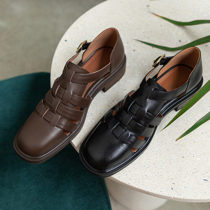 Women's Baotou Hollow Single Shoes Rome Mary Jane Flat Bottom