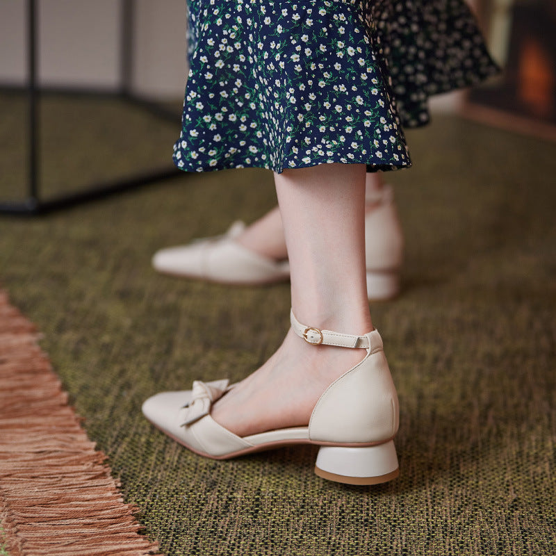 New Elegant Mary Jane Single Shoes Female Small Square Head Shallow Mouth Bow Spring Thick Heel Low Heel Bow Sandals