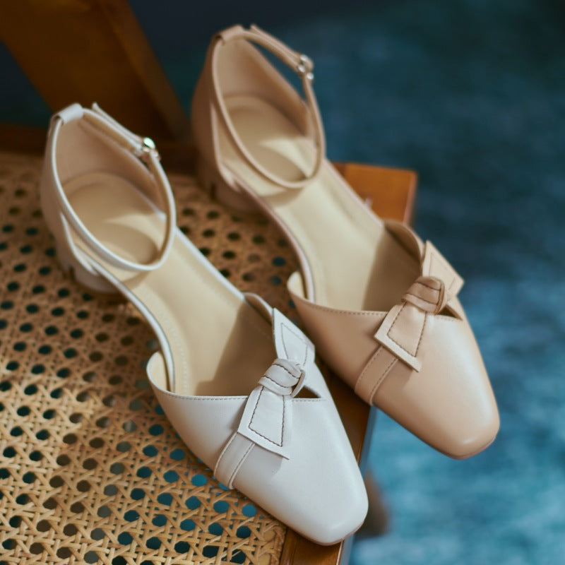 New Elegant Mary Jane Single Shoes Female Small Square Head Shallow Mouth Bow Spring Thick Heel Low Heel Bow Sandals