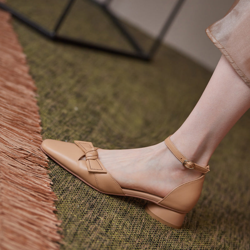 New Elegant Mary Jane Single Shoes Female Small Square Head Shallow Mouth Bow Spring Thick Heel Low Heel Bow Sandals