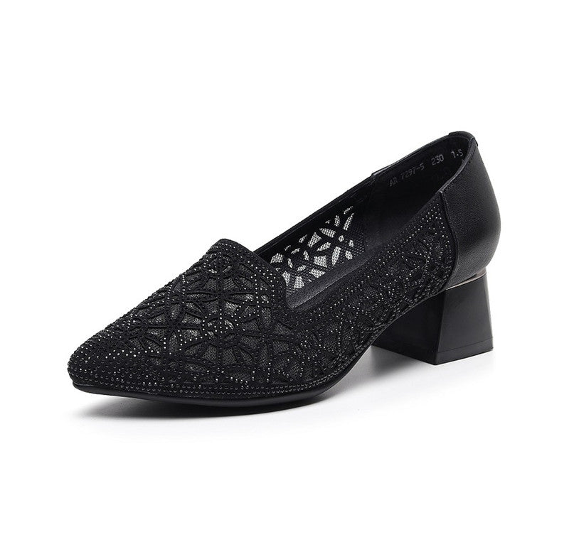 Thick Heel Pointed Toe Leather Fashion Women's Shoes Gauze Rhinestone Women's Single Shoes